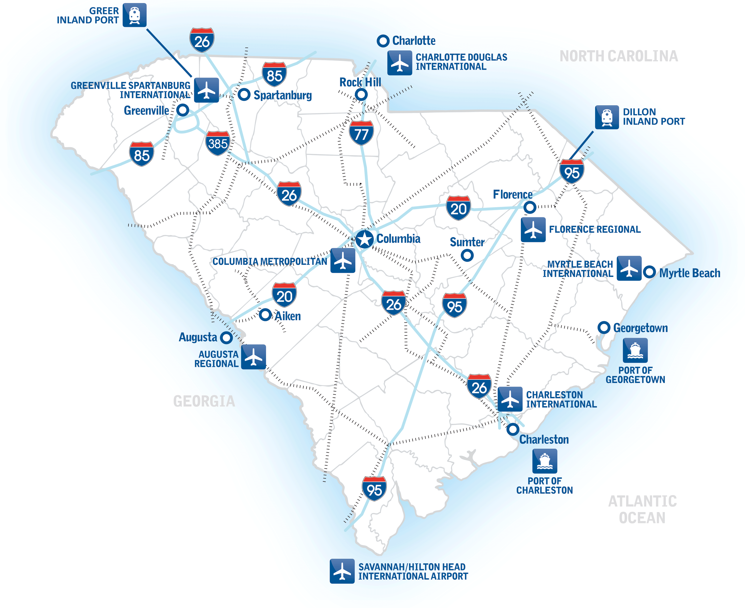 Map Of South Carolina Airports Fayre Jenilee   SCroads Rails Airports InlandPorts 07 14 2018 (2) 